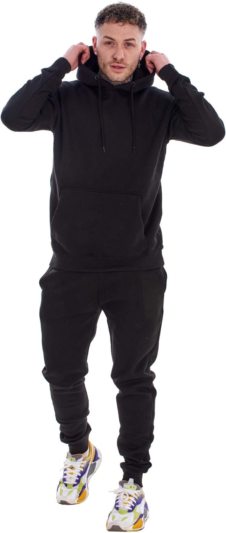 Mens Hooded Plain Tracksuit Fleece Ribbed Cuff Sweatshirts Cotton Blend Joggers
