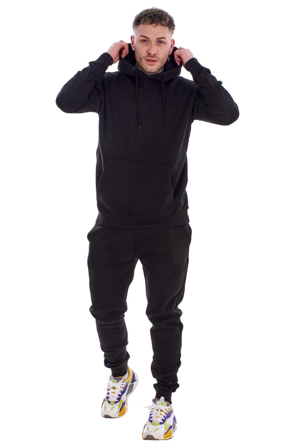 MalayMens Hooded Plain Tracksuit Fleece Ribbed Cuff Sweatshirts Cotton Blend Joggers