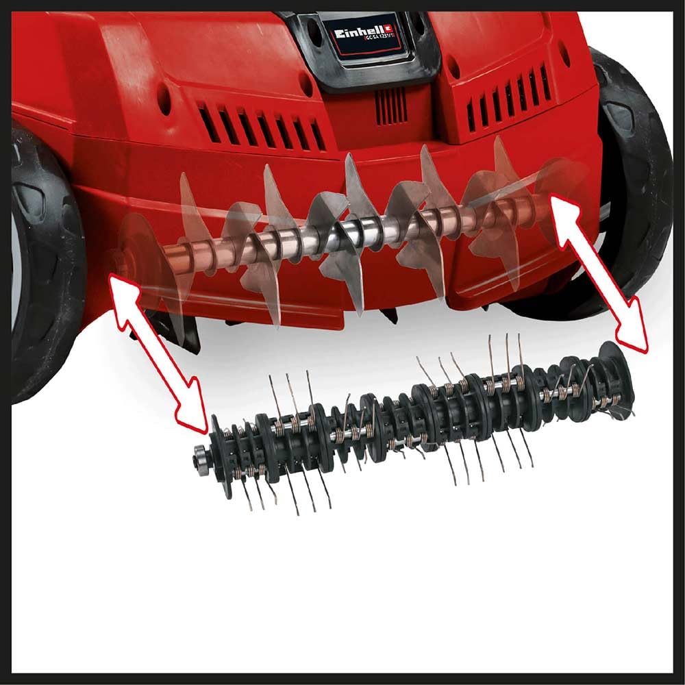 Einhell - Escarificador y aireador eléctrico para césped, 1200 W, 28 L, Cable de 10 m, 3 Profundidades de Trabajo, escarificador y aireador cambiables - GC-SA 1231/1 rastrillo de eliminación para