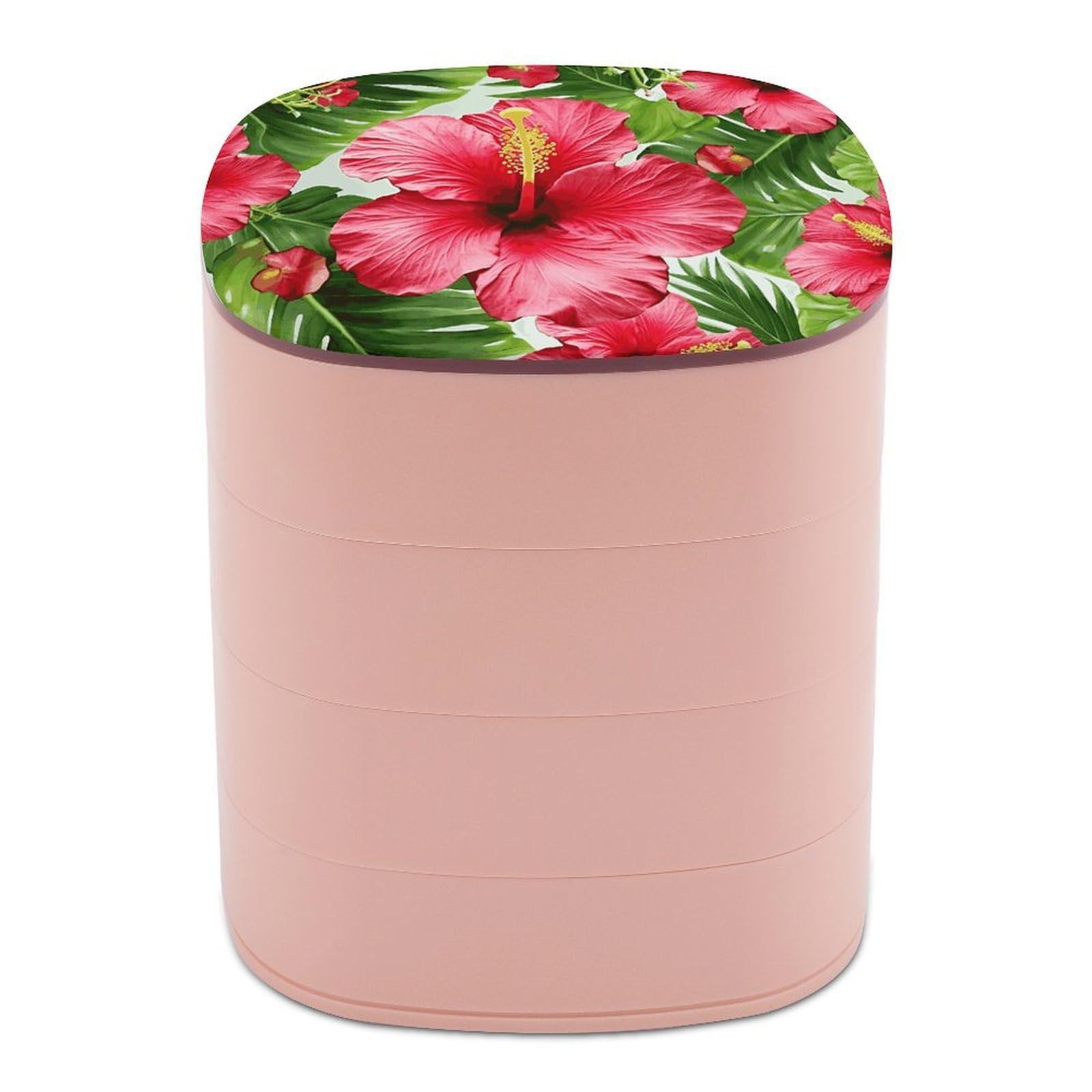 Btcowzrv Women's Style Hibiscus Flower Jewelry Organizer With Mirror, 4-Layer Rotating Jewelry Box For Ring Earring Necklaces Bracelets Hair Accessories, Gift For