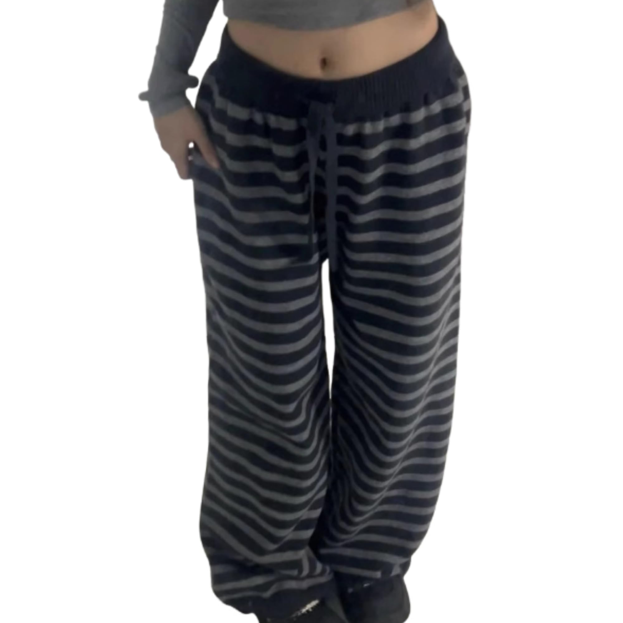 Striped Knit Lounge Pants Women Alternative Drawstring Wide Leg Baggy Pants 2000s Y2k Grunge Emo Alt Clothes Streetwear