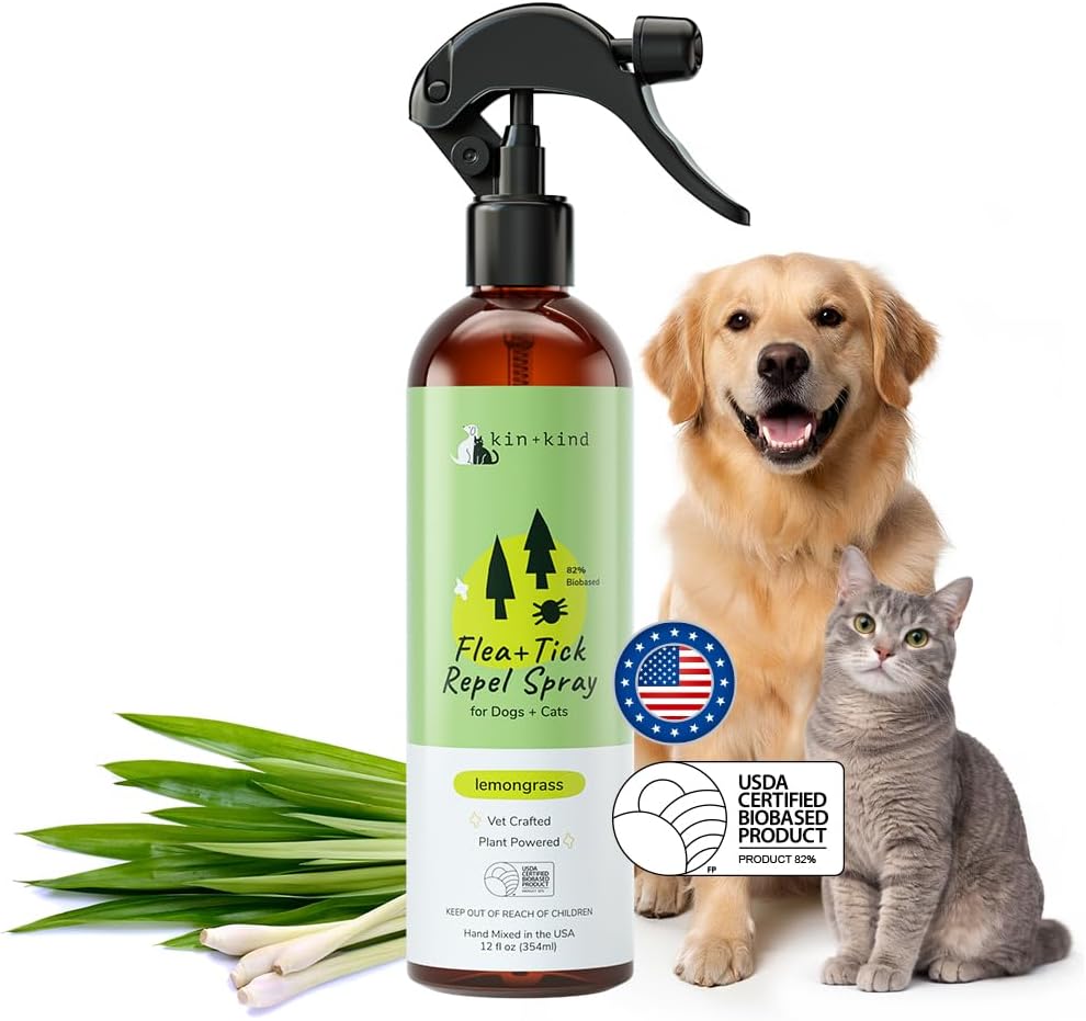 Plant Based Flea Spray for Dogs and Cats – Essential Oil Formula with Lemongrass – Flea and Tick Prevention for Cats, Kittens, Puppies & Dogs - Pet Supplies - Family Safe – 12 fl oz