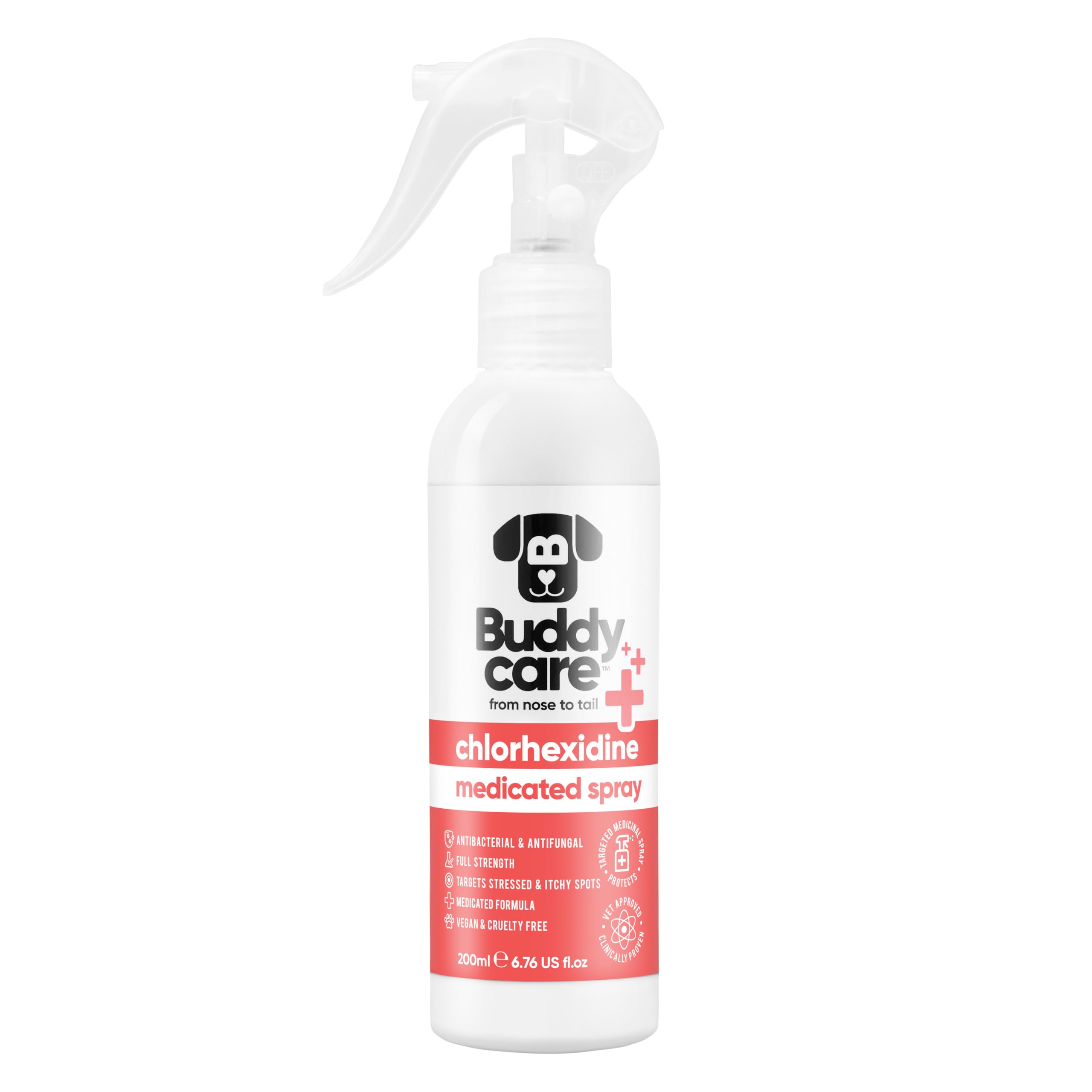 Buddycare Pet Antiseptic Chlorhexidine Medicated Spray for Dogs & Cats - 200ml - Antibacterial & Antifungal Full Strength Skin Care Spray for Itchy, Irritated & Hot Spots - Vegan & Cruelty Free