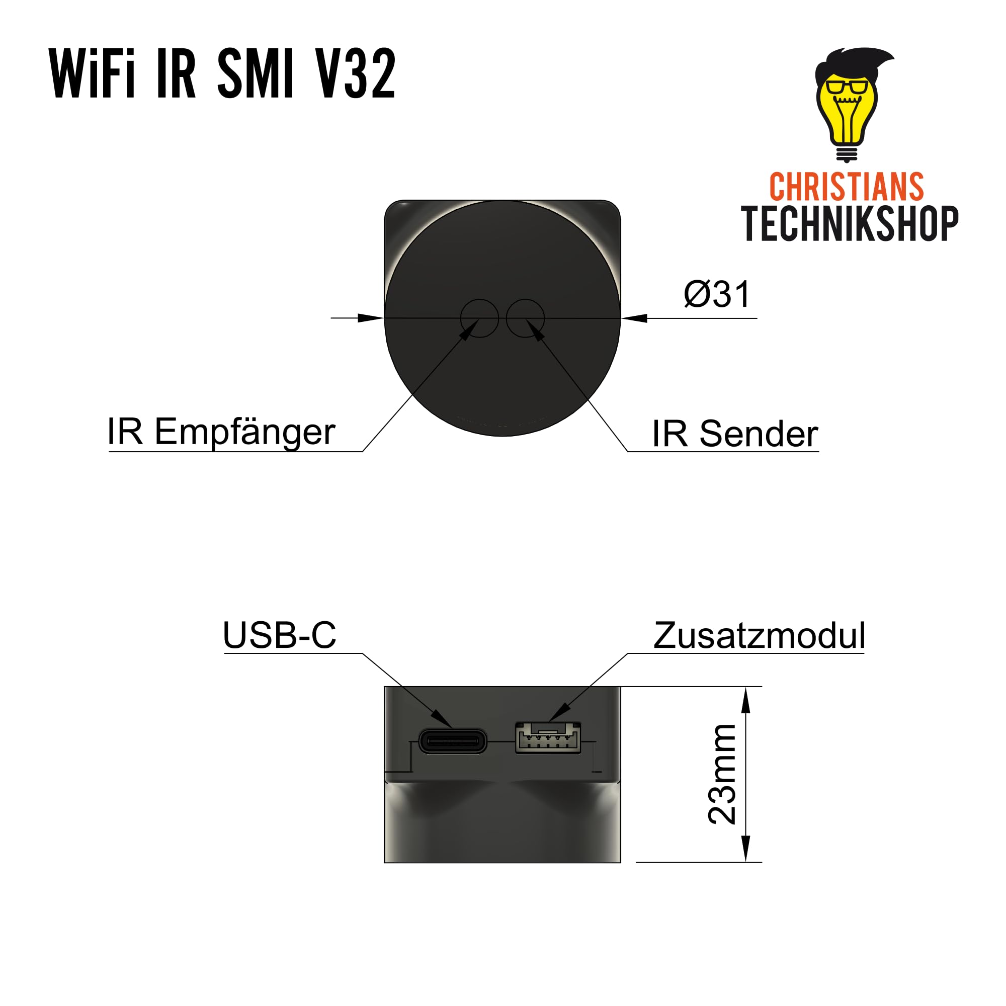 Christians Technikshop WiFi IR SMI V32 – WLAN IR-Lesekopf für Smart Meter (digitale Stromzähler), SML kompatibel, ESP32 mit Tasmota, Smart Home Integration via MQTT, Home Assistant & ioBroker