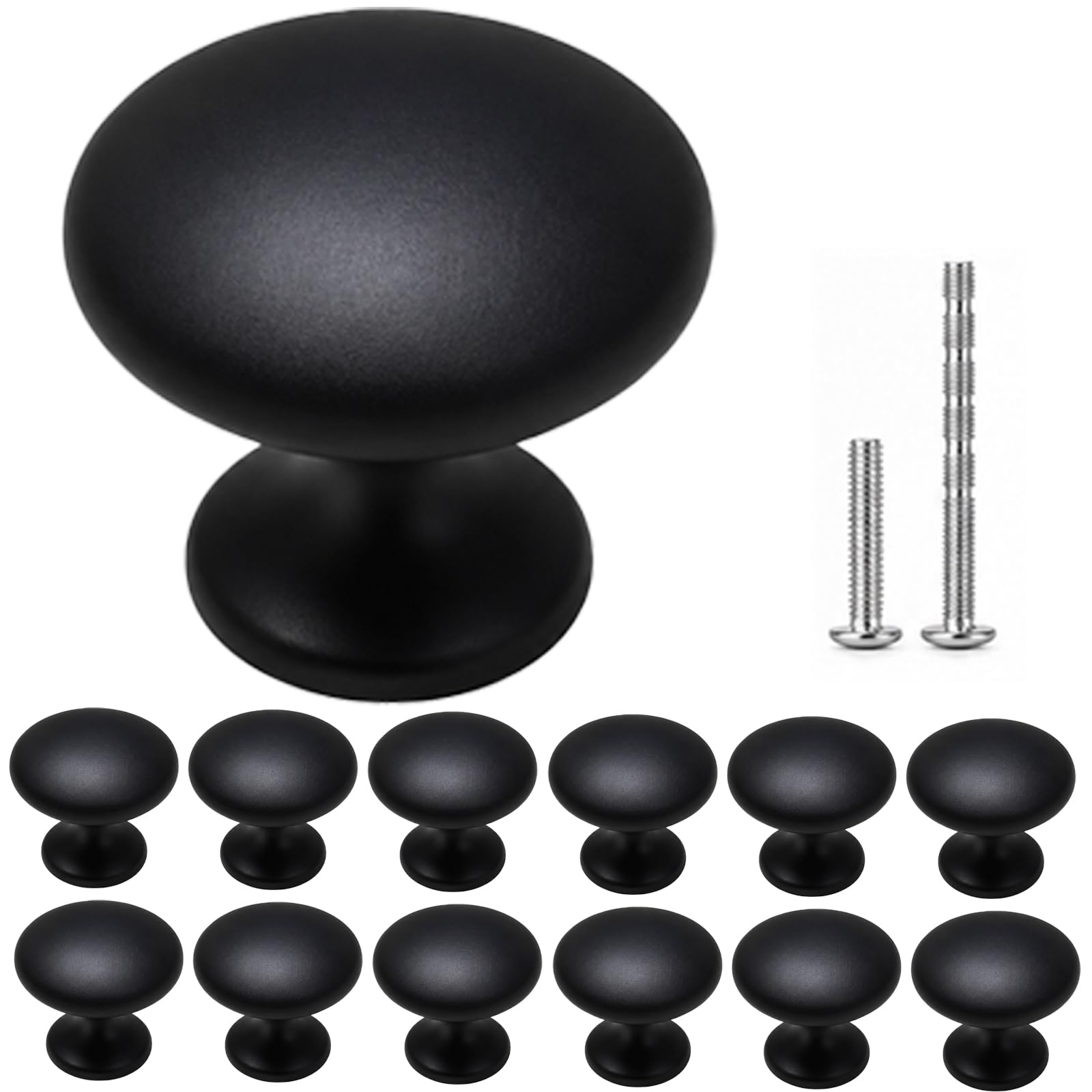OAMCEG Black Furniture Knobs 30 mm, 12 Pack Round Matte Black Cabinet Knobs with Screws, Furniture Handles for Drawers, Dressers, Kitchen Cabinets, Cupboards and Wardrobes