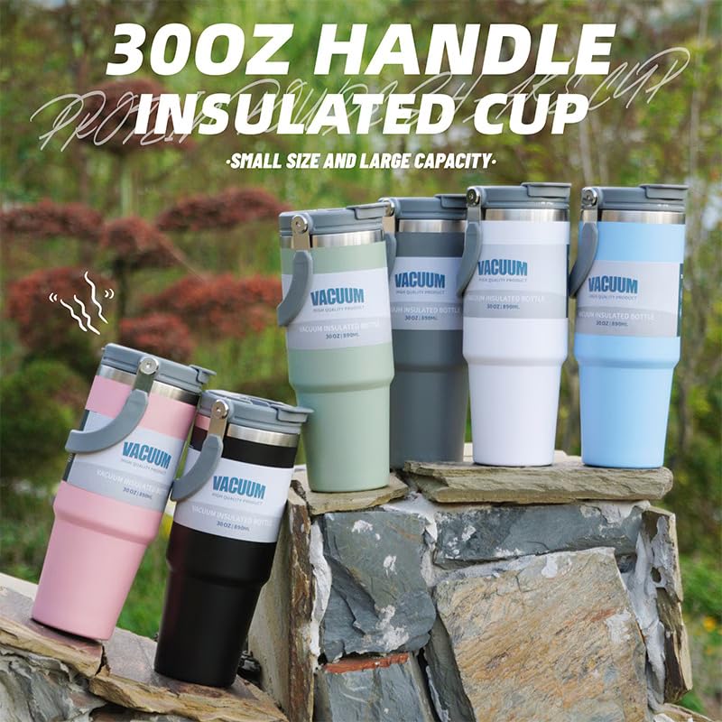 Image of 900ml Tumbler with Handle and Straw Stainless Steel Double Wall Insulated Tumblers Cup, Coffee Mug Travel Icold up 17h - Hot 12h Tumbler for Car Office Gym Travel (White)