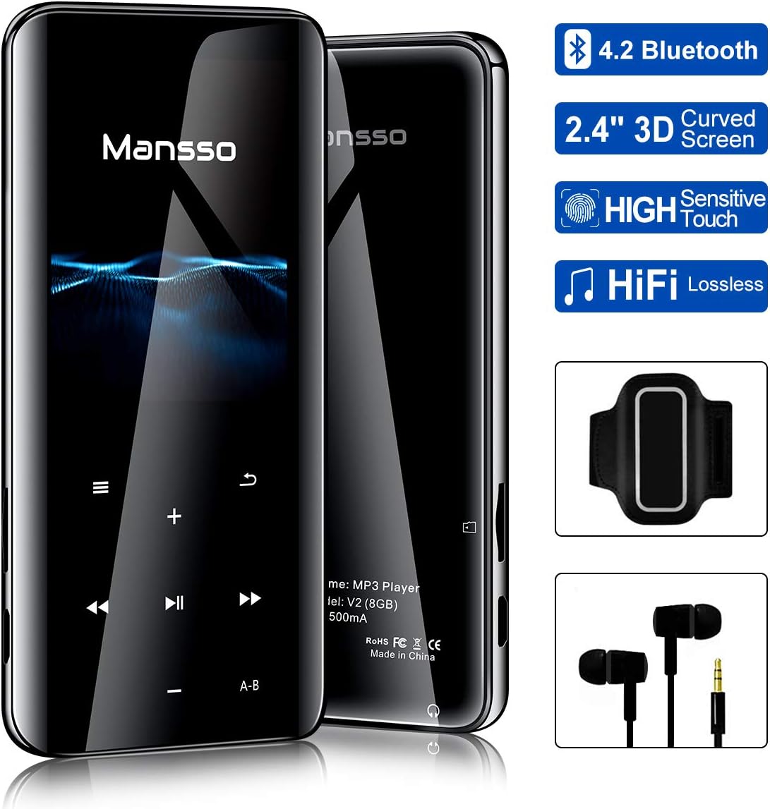 MP3 Player 2.4 inch Large 3D Curved Screen 8GB Bluetooth 4.2 Millisecond-level Touch Digital Audio Portable Lossless Sound Music Player FM Radio/Picture/E-book, Support Expandable up to 128G