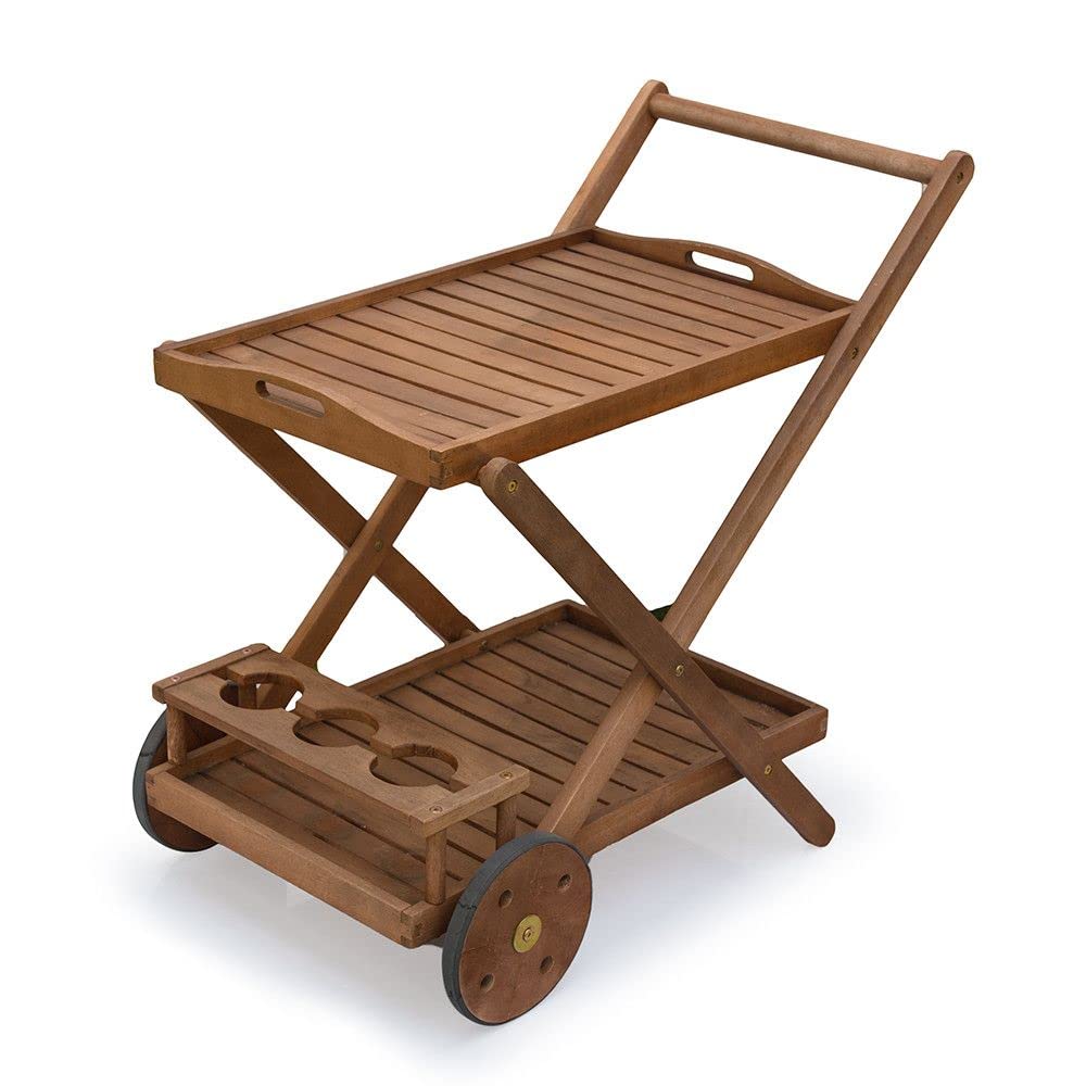 Carrellino in Legno di Eucalipto Amalfi – Carrello Portavivande da Portata, carrellino con Ruote Portabottiglie con Vassorio, Marrone, 69x52xh.75 cm