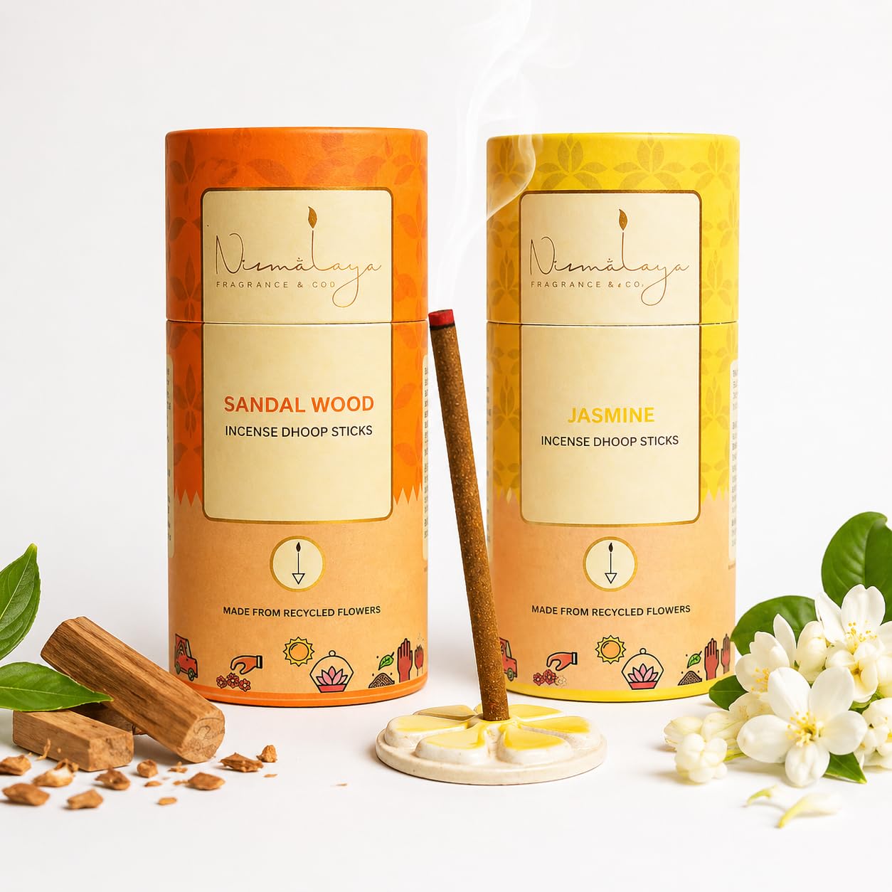 Nirmalaya Confidence Pack (Pack of 2), Dhoop Sticks for Pooja 40 Sticks, 2 Fragrances - Sandalwood, Jasmine Bamboo Less Dhoop Sticks for Home/Office, Dhup for Puja with Holder Stand Standard
