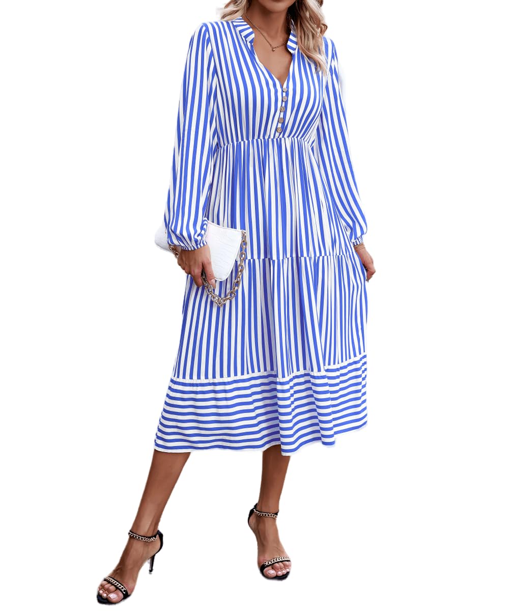 YOXUA Womens Summer Casual Shirt Striped Dress, Sleeveless Notched Neck High Waist Ruffle A Line Tank Midi Dress