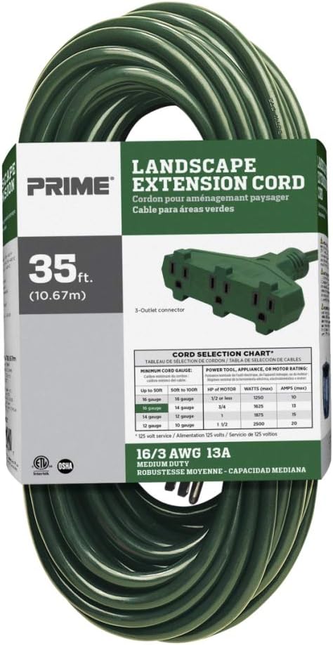 Prime Wire & Cable EC605627 35-Foot 16/3 SJTW Triple-Tap Outdoor Extension Cord, Green