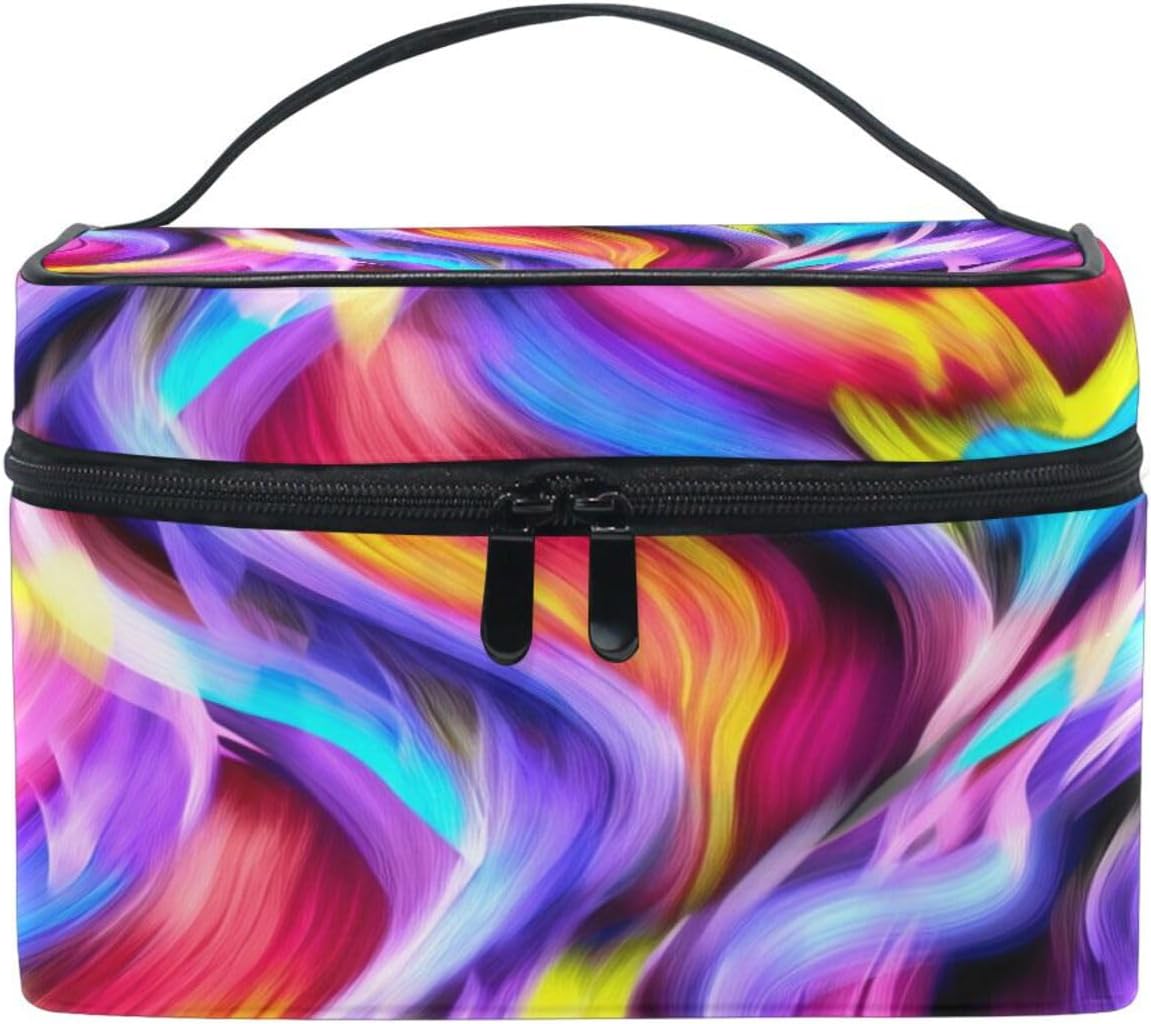 Abstract Multicolor Glowing Travel Cosmetic Bag for Women, Wide-Open Portable Makeup Bag Organizer, Large Toiletry Bags with Handle