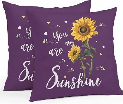 Purple Sunshine Sunflower Outdoor Pillow Covers Waterproof, All Weather Cushion Case Set of 2, Pastoral Bees Farmhouse Floral Decorative Pillowcases for Sofa Couch Bed Decor Patio Furniture 16"x16"