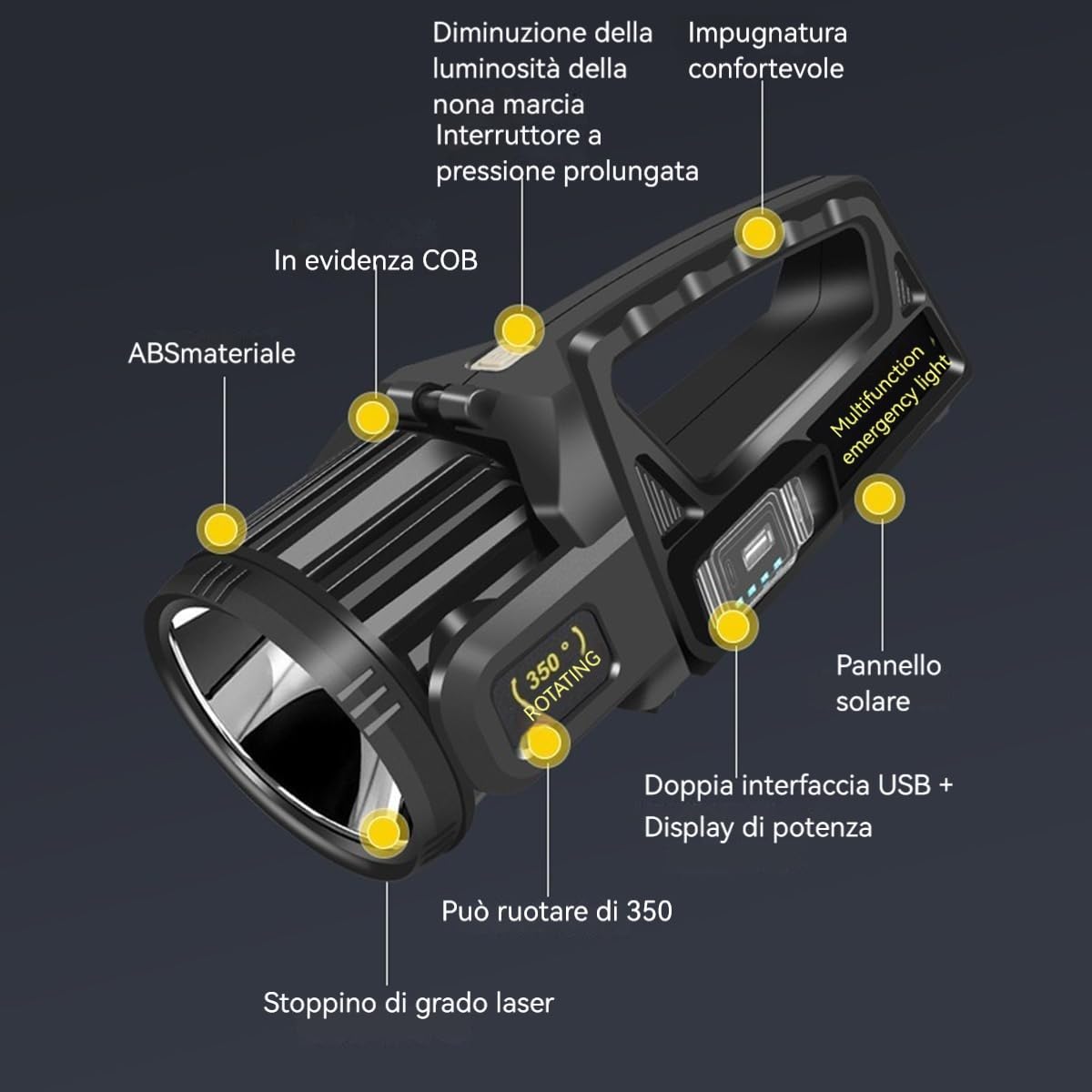 LETOUR Faretto da 350000LM, torcia LED ricaricabile con testa girevole a 350°, 9 modalità super luminose, per esterni, torcia impermeabile IPX4 per le emergenze