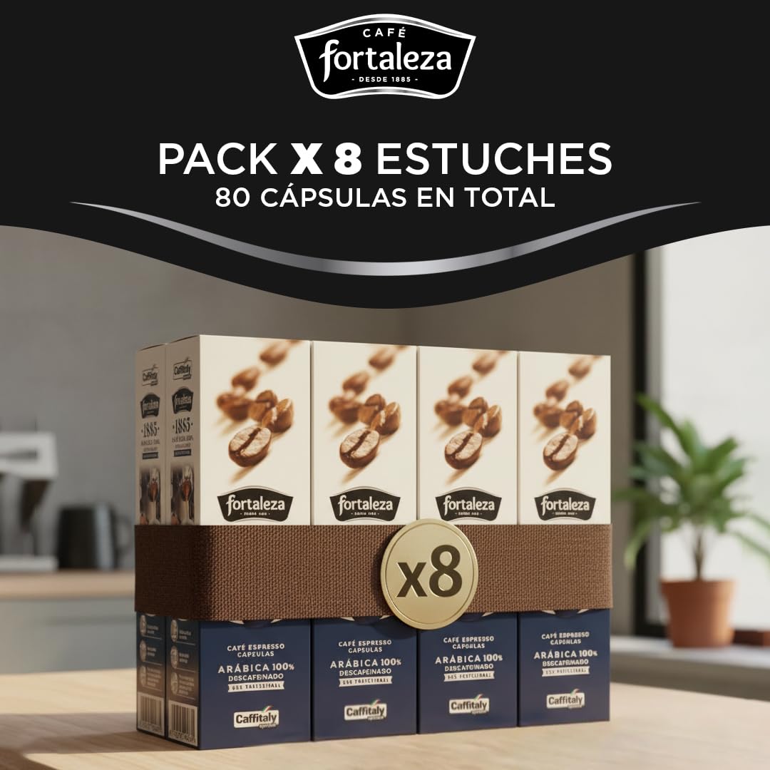 CAFÉ FORTALEZA Cápsulas de Café Descafeinado Compatibles con Caffitaly Pack 8x10 80 Uds – Café sin Cafeína Variedad 100% Arábica Intensidad Suave - Cápsulas Caffitaly con Sabor Equilibrado
