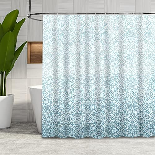 LYNXTEX Teal Blue Shower Curtain - Polyester Fabric Waterproof Weighted Hem Farmhouse Boho Shower Curtain Set with 12 Hooks for Bathroom Decor – 72 X 72 Inch - Ombre Damask