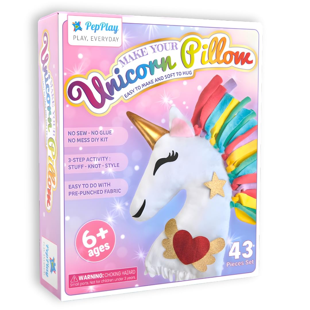PepPlay DIY Unicorn Pillow Craft Kit – 43-Piece No Sew, No Glue Unicorn Pillow DIY Toy for Girls Ages 4-8, Unique Birthday Gift, Fun Hands-On Art Project