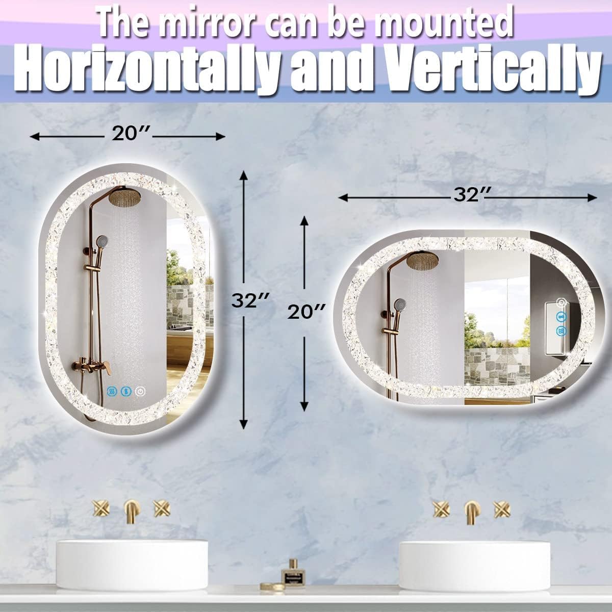 32 x20 Inch Crystal Oval LED Vanity Mirror with Lights Diamond Oval Lighted Mirror for Bathroom Wall Horizontal/Vertical Mounted Antifog Memory 3 Color Dimmable Crystal Ovals Light up Mirrors