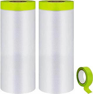 Pre-Taped Masking Film-55inx65ft Tape and Drape Painters Paper Rolls, Plastic Painting Film for Automotive Painting Covering (Masking Film:2rolls,Tape:1roll)
