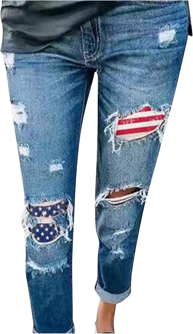 American Flag Print Denim Jeans Ripper 