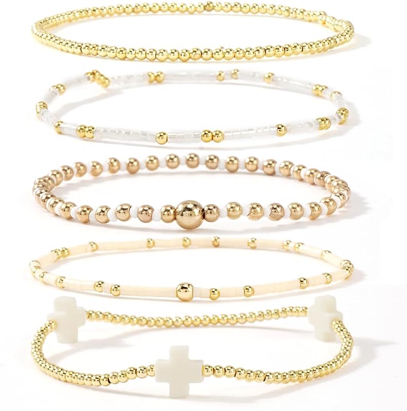 Gold Beaded Bracelets Stack for Women Stackable 14K Gold Plated Beads Ball Cross Bracelet Boho Christian Jewelry Faith Friendship Birthday Gifts for Women