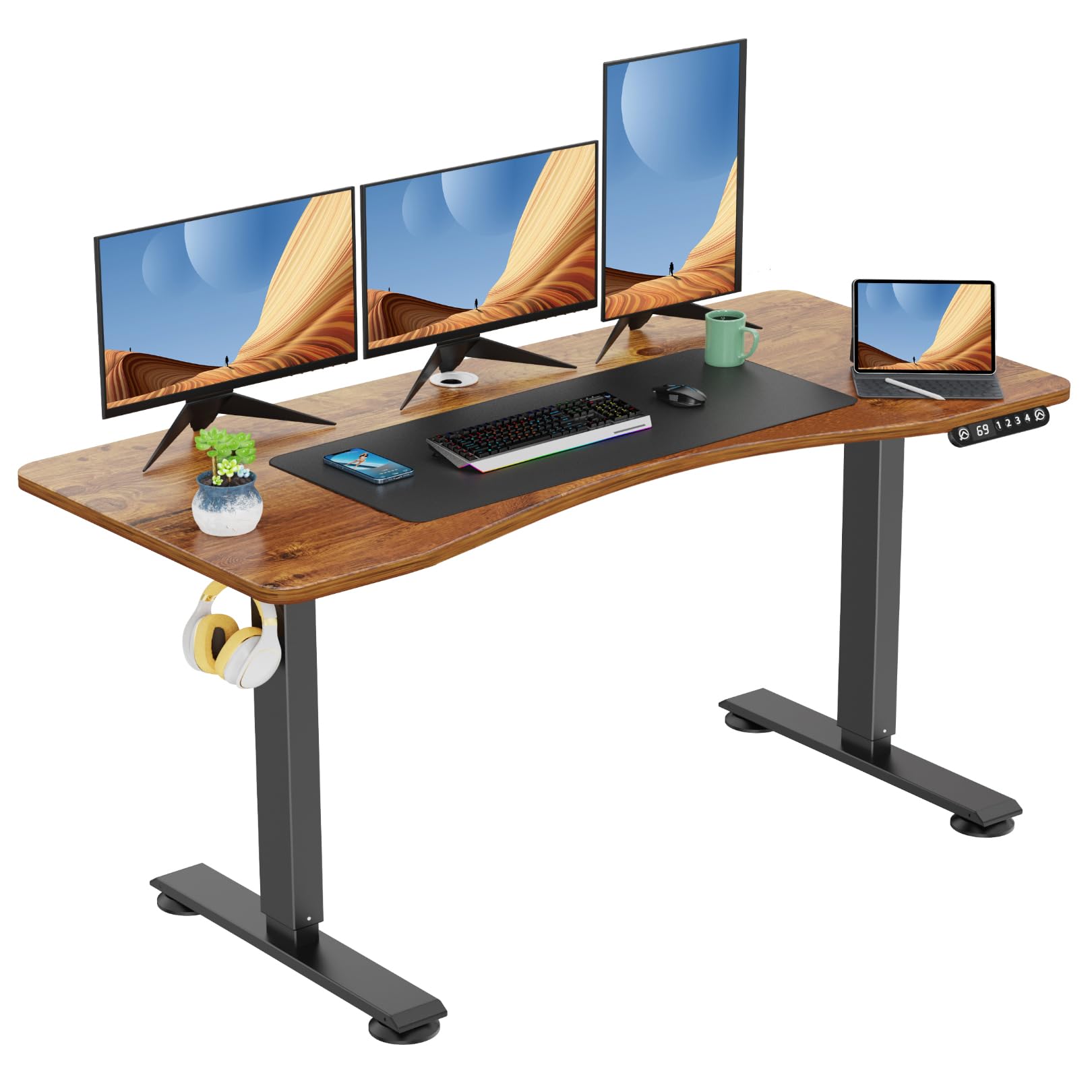 farexon Electric Standing Desk Adjustable Height, 140x60CM Stand up Desk with 27.9''-46.8'' Lifting Range, Multifunctional Computer Workstation for Home/Office(Brown)