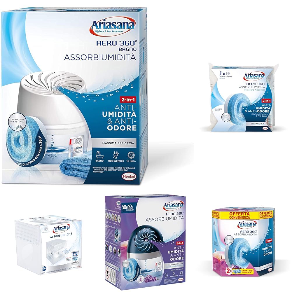 Ariasana Aero 360° Bagno Kit Assorbiumidità, deumidificatore casa non elettrico, assorbi umidità contro condensa, muffa e cattivi odori, 1 dispositivo e 1 ricarica in Tab da 450g