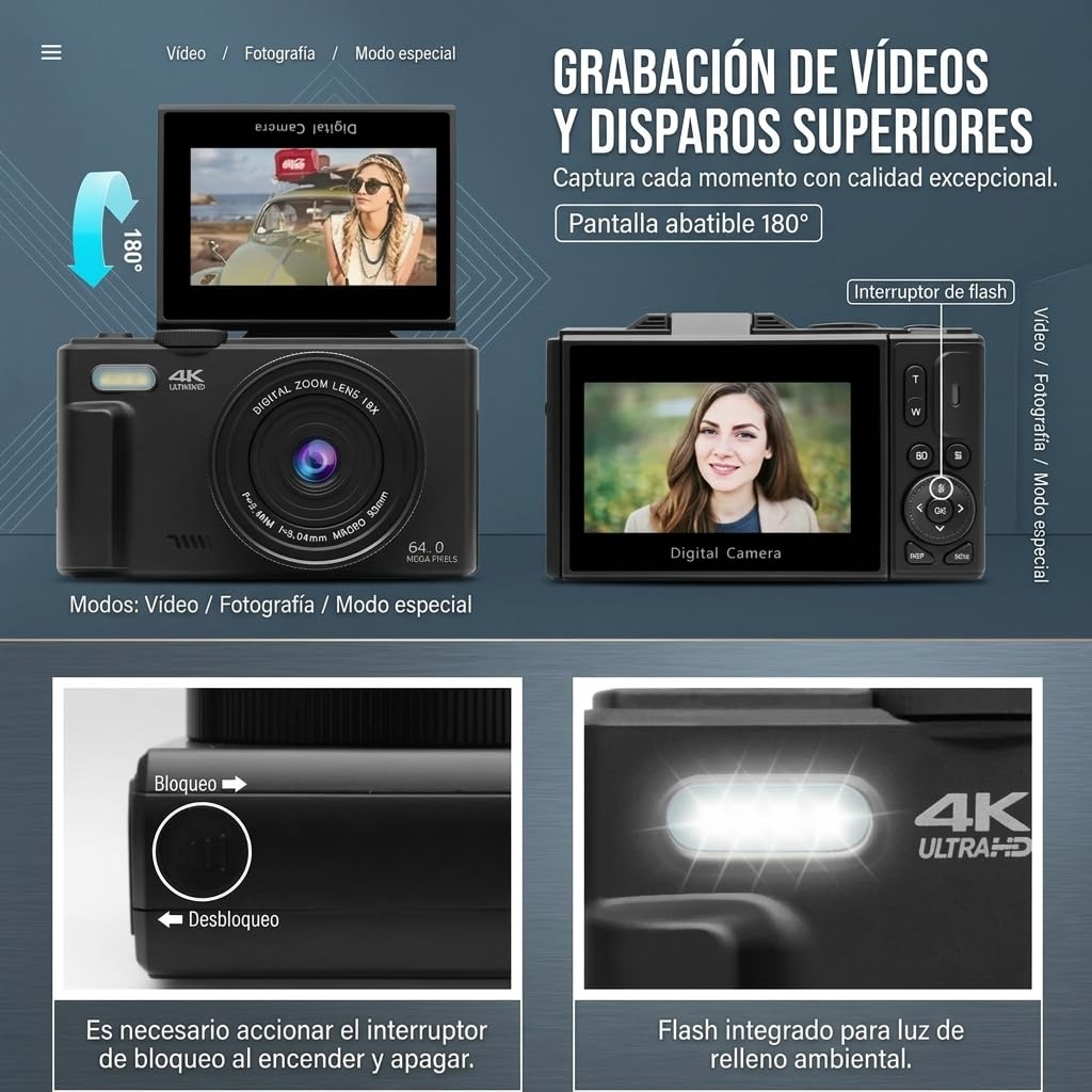 5K Digital Compact Camera Optinexo, Camara Compacta Digital con Zoom 18X y Pantalla Articulada 180 Grados, Tarjeta 32GB Incluida para Viajes y Creacion de Contenido (Negro)