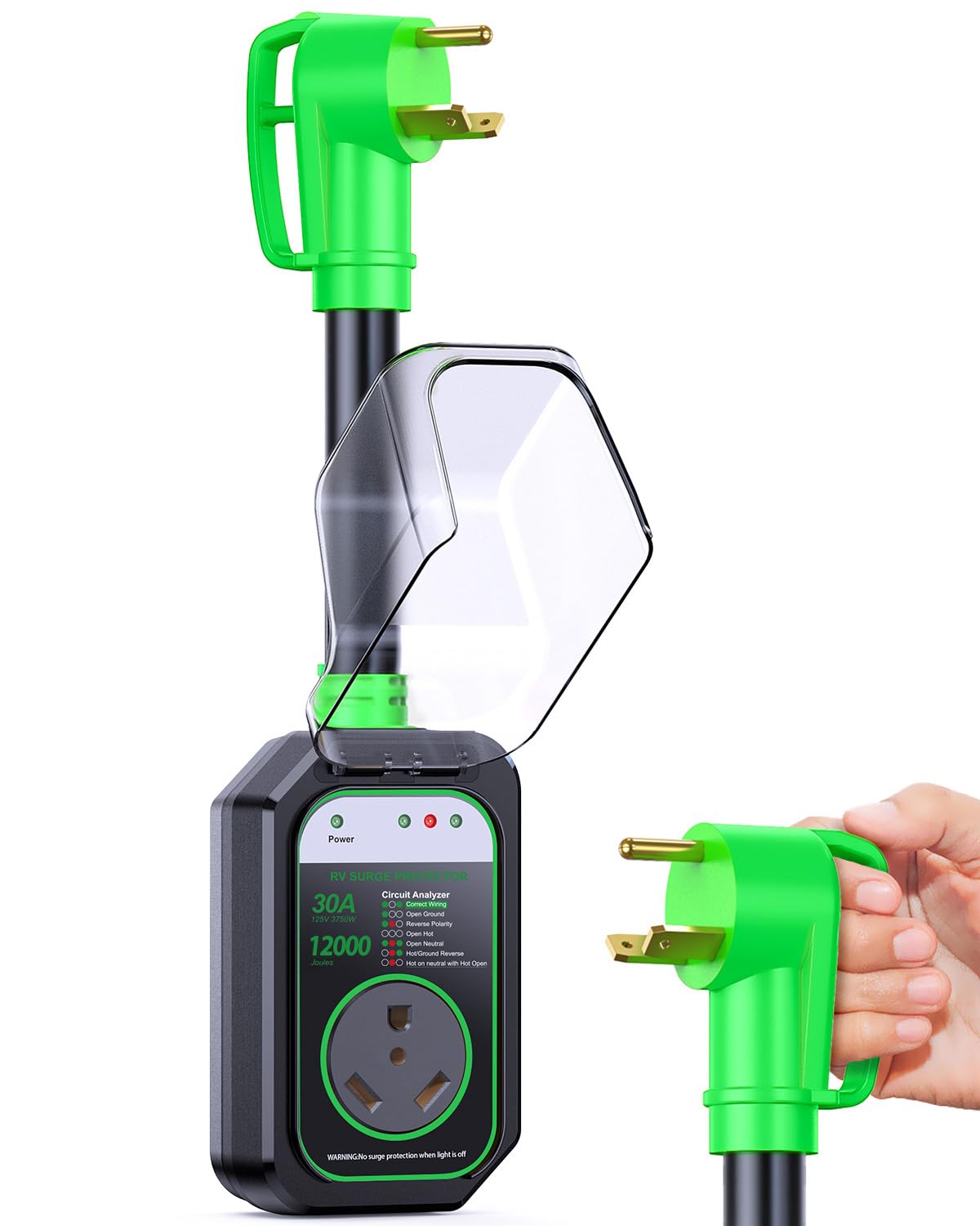 GEARGO 30 Amp RV Surge Protector (12000 Joules) with IP68 Rating (Green)