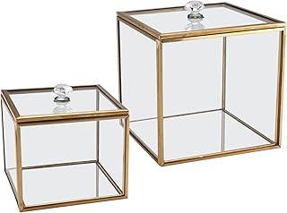 HighFree 2 Pack Glass Qtip Holder with Lid, Gold Glass Box Bathroom Containers for Cotton Balls & Swab, Makeup Sponges, Candles, Bathroom Canisters with Lids & Crystal Knobs
