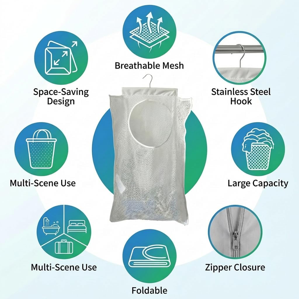 Hanging Laundry Hamper 2 Pack with Bottom Zipper & Sturdy Hooks, Large Capacity Mesh Foldable Over The Door Laundry Bag, Space Saving Storage for Bathroom Bedroom Closet Dorm RV Apartment Small Spaces