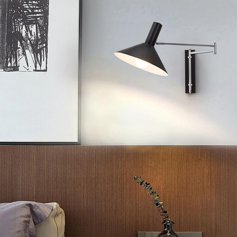 Schwenkarm Wandleuchten mit Schalter und Kabel Wandlampe lnnen Vintage Industrie Wandbeleuchtung Verstellbar Langer Arm Wand Leselampe Drehbare 360 ° Flexarm für Wohnzimmer Büro,Schwarz