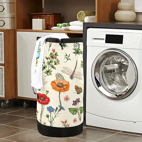 Vigtro Spring Flowers Dragonflies Large Heavy Duty Laundry Backpack Hamper With Shoulder Strips And Drawstring, Summer Poppies Green Leaves Nylon Waterproof Laundry Bag Durable For Dorm Laundromat Travel #TOP6
