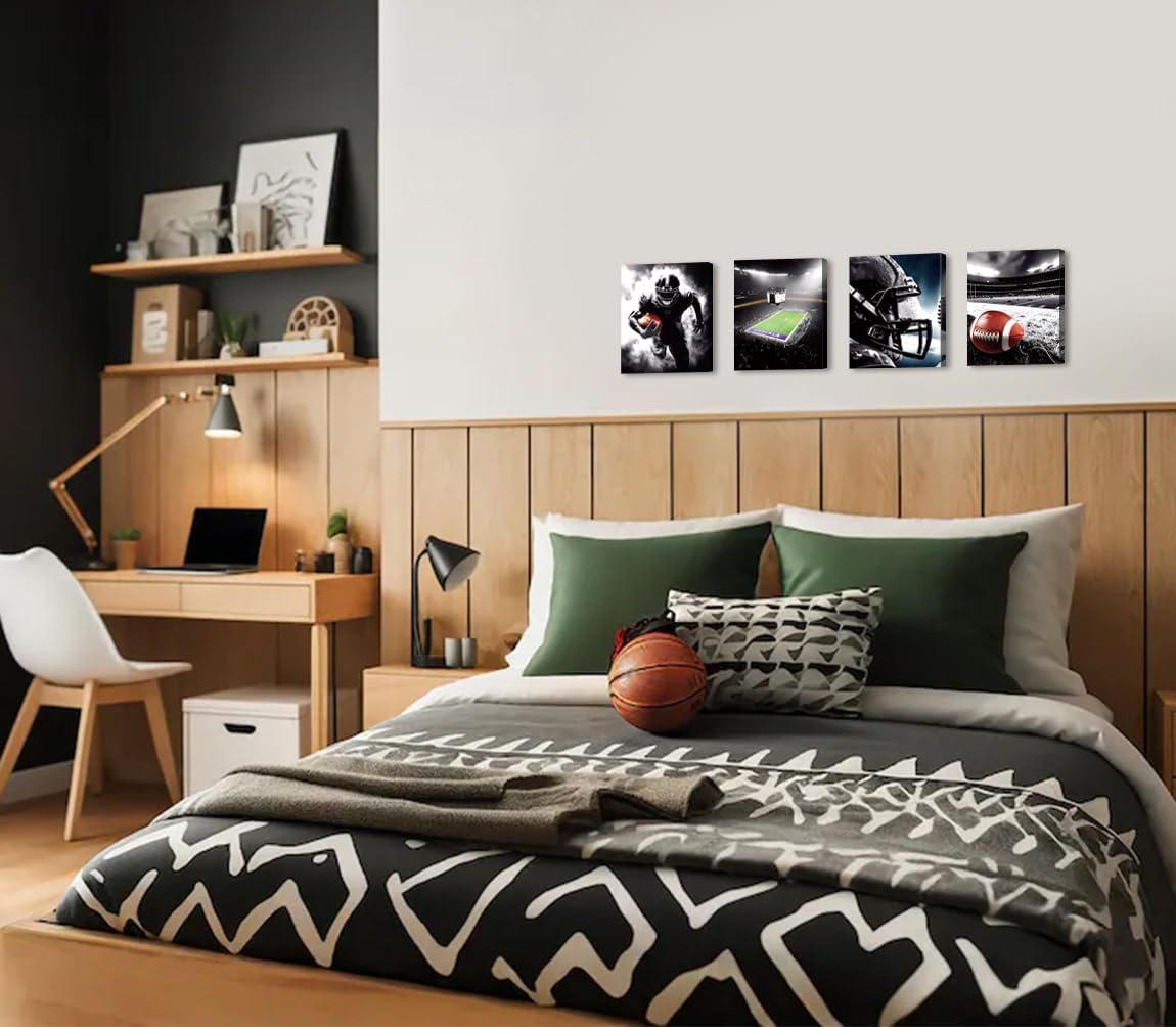 Framed American Football Sport Canvas Wall Art,American Football Prints, Set of 4 (8"X10") Rugby Art Poster, Black White Gym Artwork Prints for Bedroom Man Cave Boy's Bedroom Decor