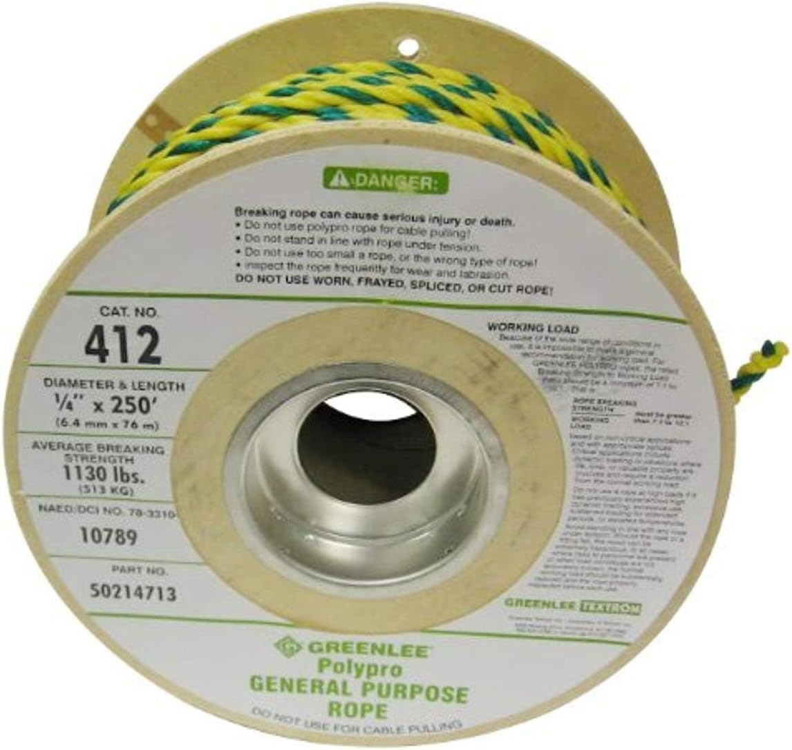 Greenlee - Poly Pro Rope 1/4X250Feet, Pulling (412), bright yellow with green tracer, 1/4-inch by 250-foot