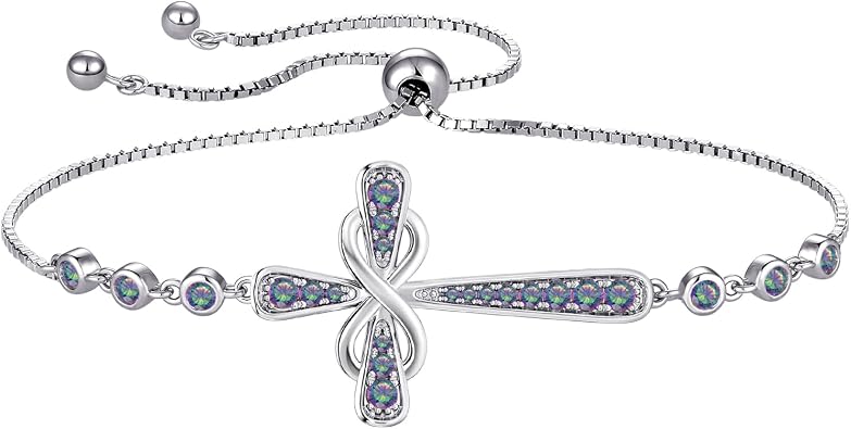 YL Cross Bracelet 925 Sterling Silver Infinity Sideways Link Bracelet Birthstone Jewelry for Women