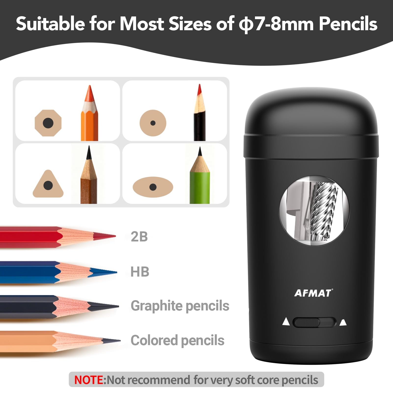 AFMAT Fully Automatic Electric Pencil Sharpener for 7-8 mm Colored Pencils, Rechargeable Hands-Free Pencil Sharpener with Container, Auto in & Out, Portable&Safe for School, Home, Office,Black PSX7 - Image 3