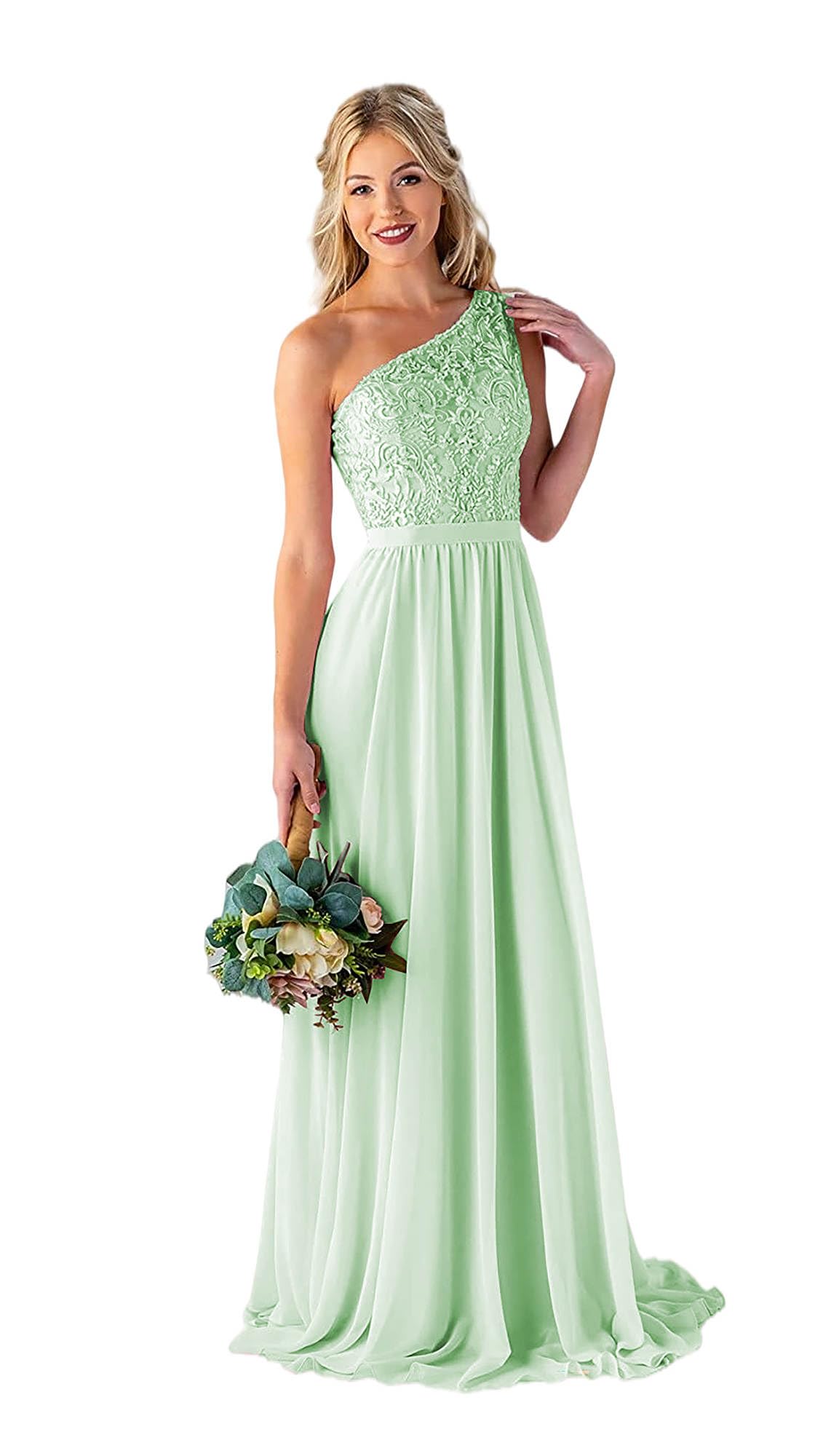 LANGKAAO Women's One Shoulder Bridesmaid Dresses Long for Wedding with Pockets Lace Bodice A-Line Chiffon Formal Party Gown