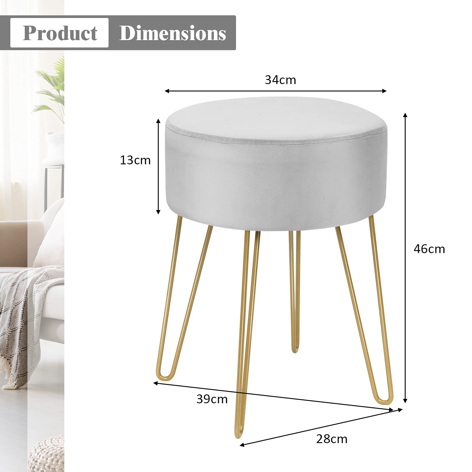 GIANTEX Tabouret Coiffeuse en Velours, Chaise Coiffeuse Chambre avec Pieds Dorés en Métal, Pouf Ottoman Rond, Repose-Pieds, Tabouret Velours pour Chambre, Salon, Vestiaire (Gris)
