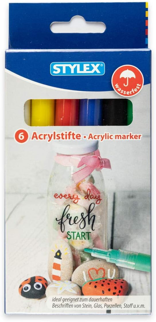 XSTYLE Stylex 32817 – Acrylic pens, 6 Pieces, in The Colours Yellow, red, Blue, Green, Black, White, line Width 1 – 2 mm, in Practical Folding Box, for Permanent Labelling of Stone, Glass and Fabric.