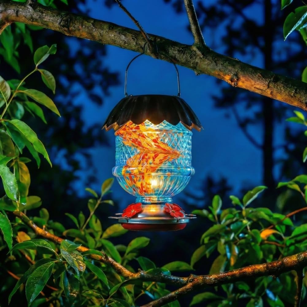 Solar Hummingbird Feeder with Perch 48 OZ Hand Blown Glass Hummingbird Feeder for Outdoors Hanging Include Accessories (Blue)