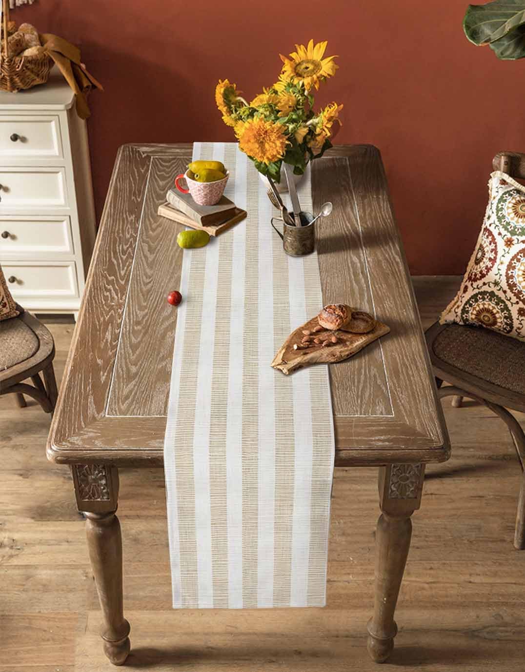 Beige Stripes Table Runner 120 Inches Long for Dresser Dining Room Rustic Linen Texture Kitchen Dining Table Runners Table Decorations for Home Party Indoor Outdoor 13 x 120 Inch