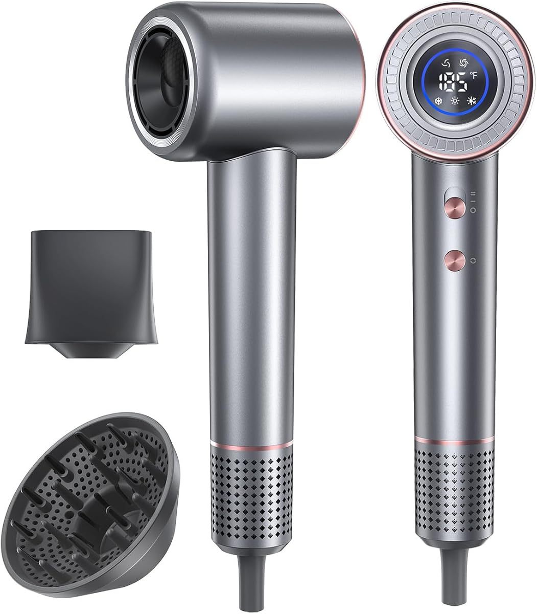 Hair Dryer,110000 RPM High-Speed Brushless Motor Negative Ionic Blow Dryer for Fast Drying,Low Noise Thermo-Control Hair Dryer with Diffuser and Nozzle Grey Gold,Lightweight for Home and Travel