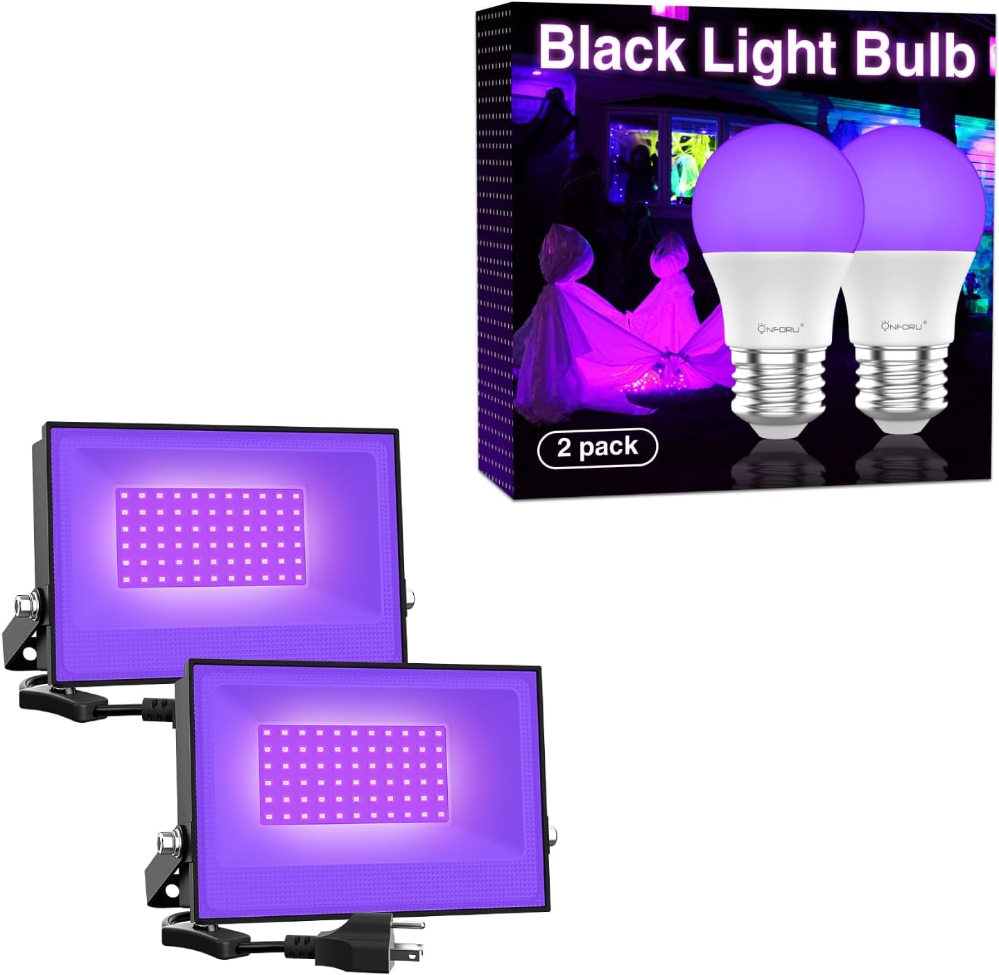 Onforu LED Black Lights Bulb & LED Black Lights, Blacklight for Dance Party, Glow in The Dark, Stage Lighting, Aquarium, Body Paint, Fluorescent Poster, Neon Glow