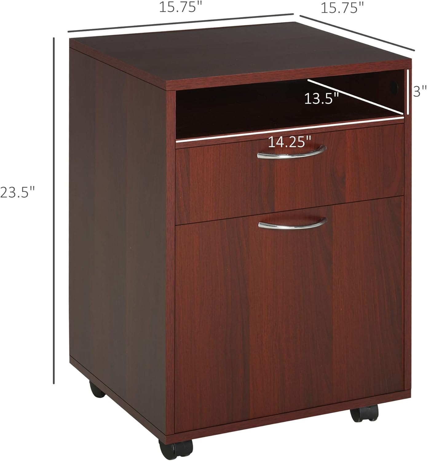 Diagram showing the dimensions of the HOMCOM Mobile Storage Cabinet