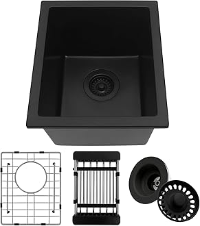 Black Bar Sink, 13" x 15" x 10" Undermount Kitchen Sink, 13 Inch Small and Deep Single Bowl Granite Composite Kitchen Sink with Accessories, 13 x 15 Matte Black Quartz Stone Bar Sinks