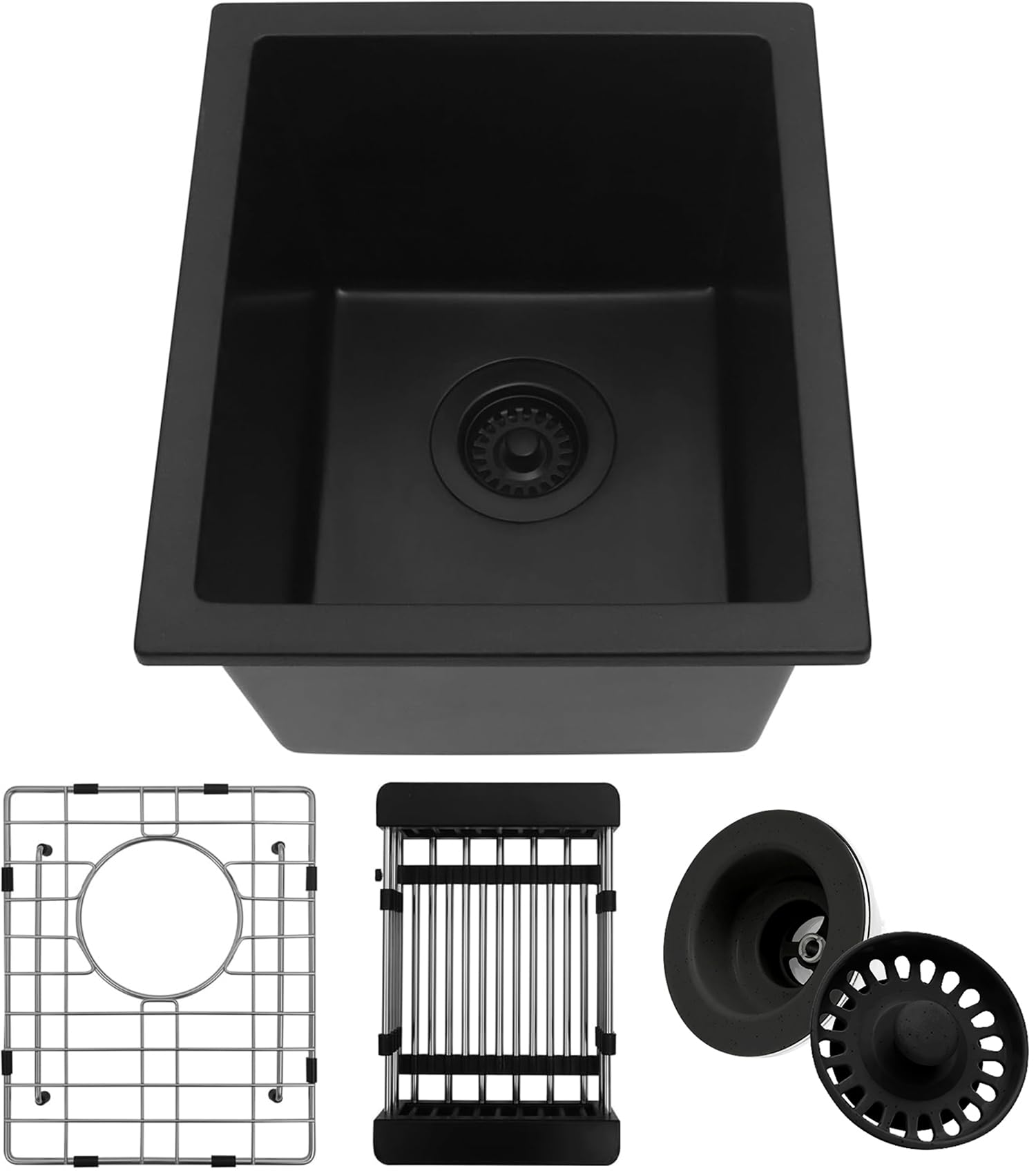Black Bar Sink, 13" x 15" x 10" Undermount Kitchen Sink, 13 Inch Small and Deep Single Bowl Granite Composite Kitchen Sink with Accessories, 13 x 15 Matte Black Quartz Stone Bar Sinks