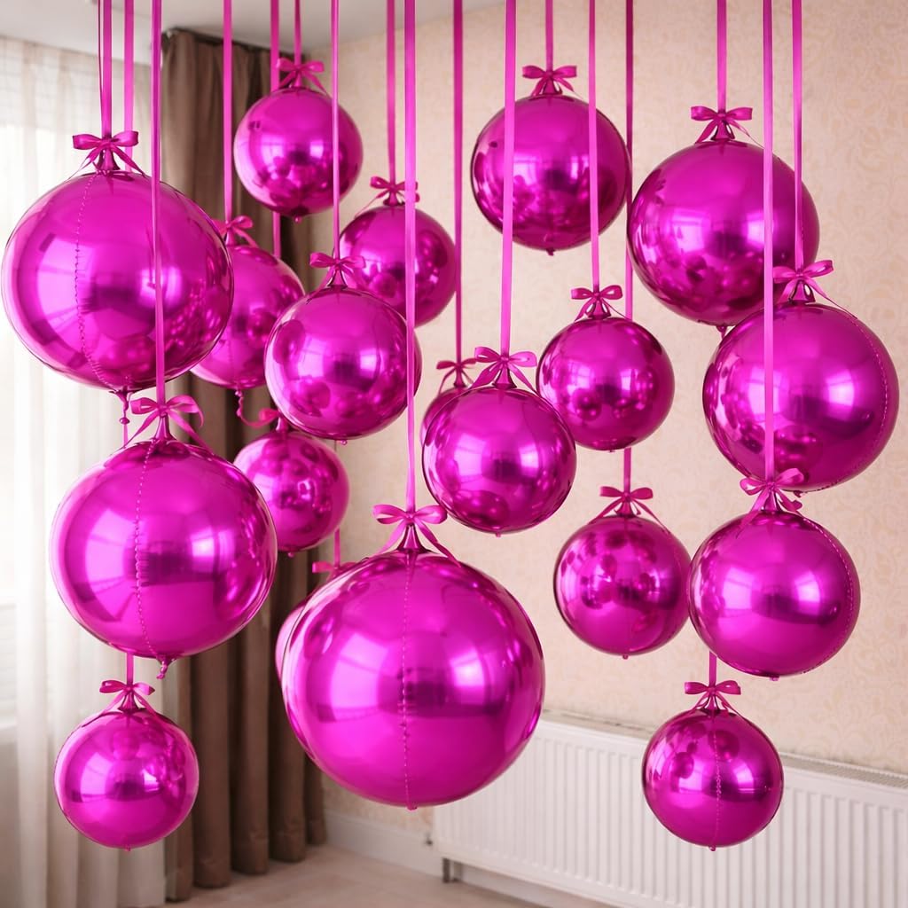 HILAVO 12PCS Hot Pink Round Foil Balloons, 22" 15" 10" Large 4D Ball Balloons Metallic Hot Pink Mirror Sphere Balloon for Valentines Galentines Day Wedding Women Birthday Party Ceiling Decorations โ image 1