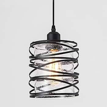 FISGONI Modern Mini Pendant Light Fixture Kitchen Island Pendant Lighting 6.30''Matte Black Spiral Cage Handblown Clear Seeded Glass Shade Hanging Lamp Adjustable Cord for Dining Room 1-Pack,E26