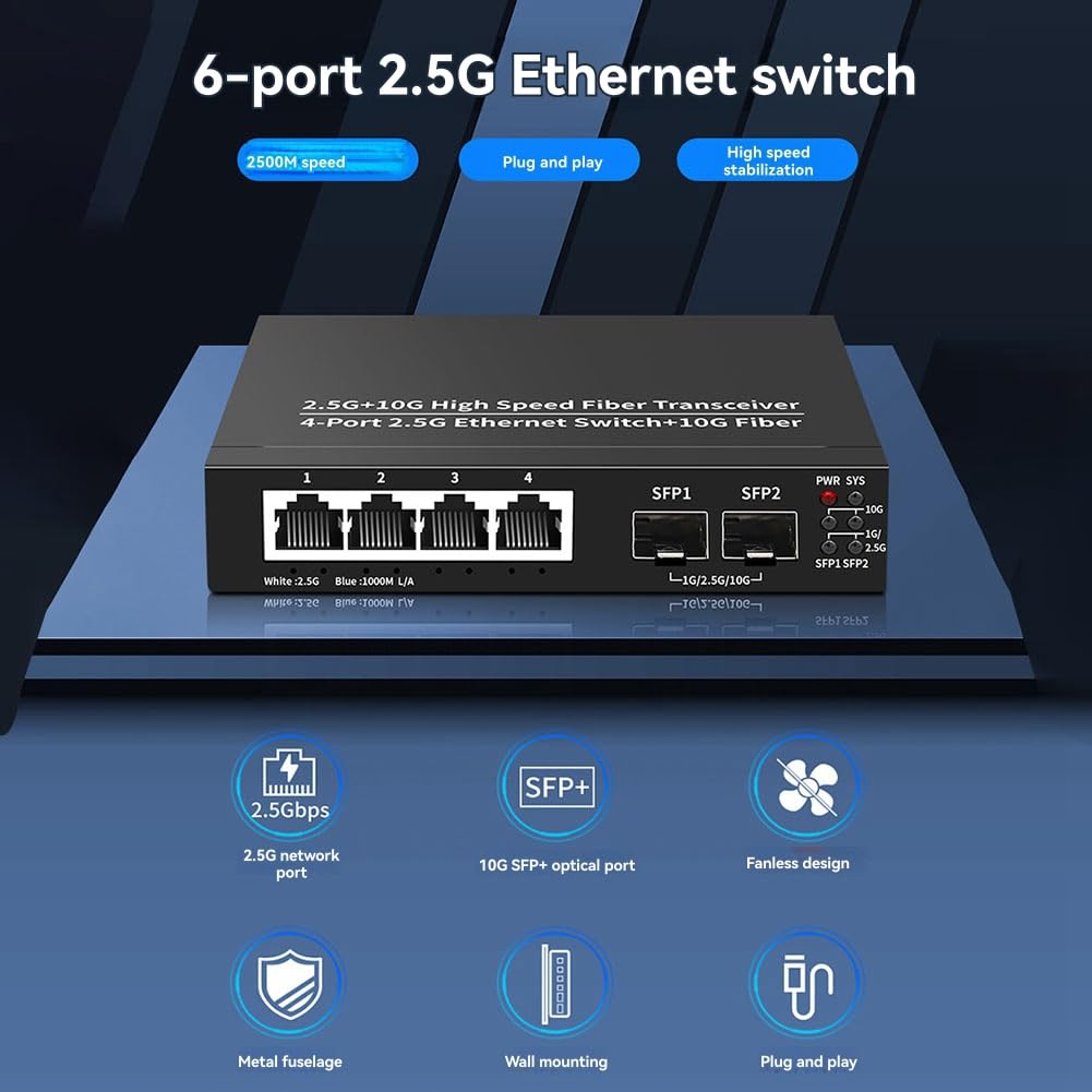 Malloy Przełącznik Ethernet 2.5G 4 porty 2500 Mbps 2-portowy przełącznik sieciowy 10G + gniazdo hub domowego laboratorium Splittler Internet Plug and Play